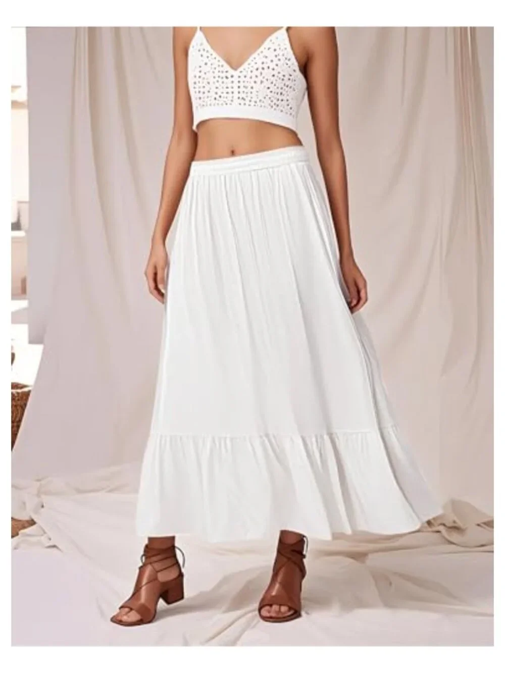 Boho Flowy Maxi Skirt with Pockets Elastic Waist A-Line
